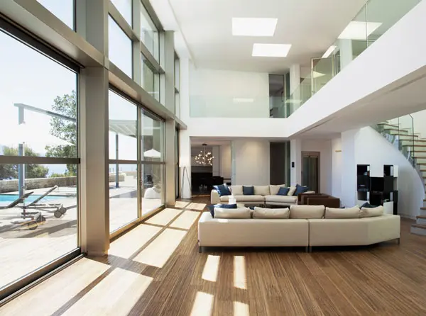 Modern living room with window wall.