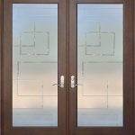 Double glass doors with dark brown frames and geometric square patterns etched into the frosted glass panels, enhanced by a stylish 3M decorative film.