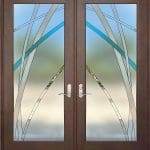 Double glass doors with brown frames feature frosted glass panels enhanced by 3M decorative film, showcasing intersecting curved blue, green, and clear lines; each door includes a sleek metal handle.