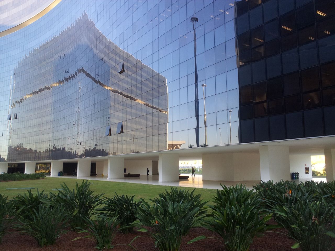 Commercial building with tinted solar control window film on its glass facade