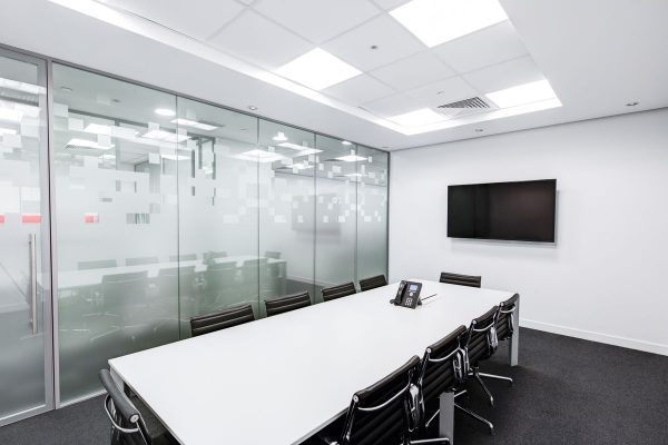 frosted-film-office-conference-room-partition Modern office conference room with frosted glass partition walls