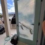 A light blue-green door with a frosted glass panel featuring an etched sea turtle swimming underwater, created using 3M decorative film; the door opens to an inviting outdoor patio area.