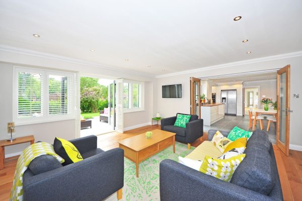 First-floor living room with large glass doors, the most common weak point in home security