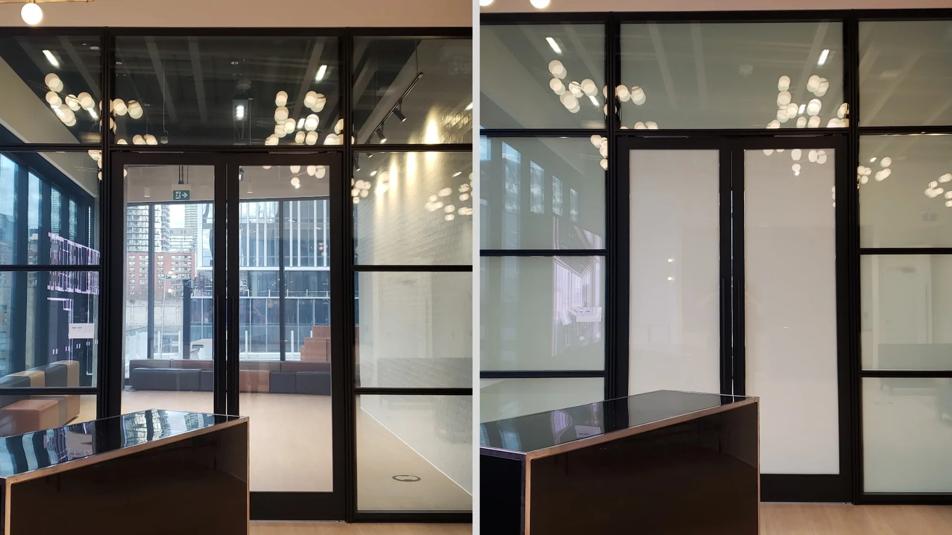 Large glass wall with two sections labeled "ON" and "OFF"; the "ON" section is transparent, showing a meeting room, while the "OFF" section is opaque.