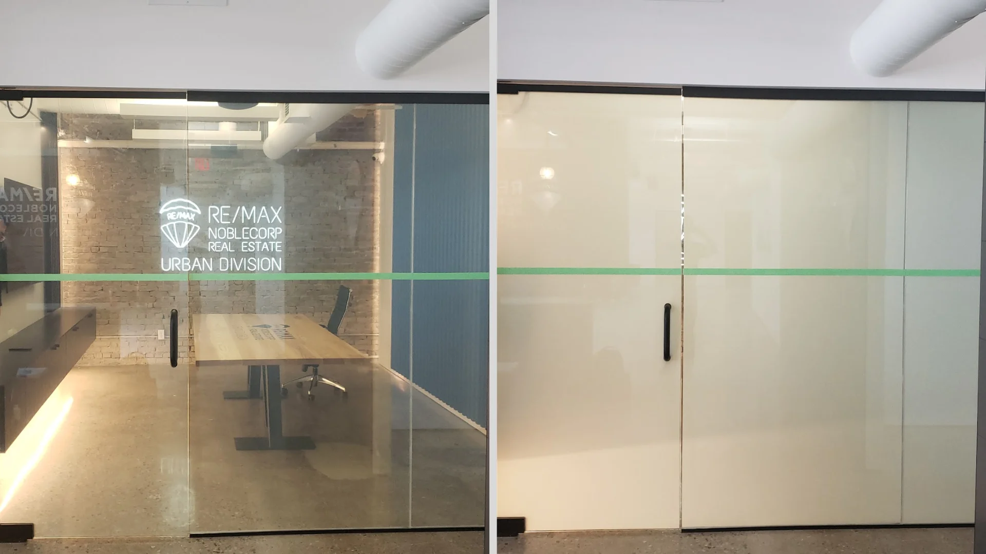 Large glass wall with two sections labeled "ON" and "OFF"; the "ON" section is transparent, showing a meeting room, while the "OFF" section is opaque.