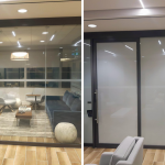 Office conference room glass wall shown clear then switched to frosted privacy with smart film