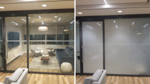 Office conference room glass wall shown clear then switched to frosted privacy with smart film