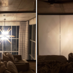 Living room glass partition shown clear then switched to opaque white with smart privacy film