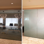 Conference room glass wall shown transparent then frosted using switchable smart privacy film