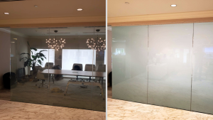 Conference room glass wall shown transparent then frosted using switchable smart privacy film
