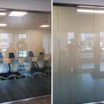 Glass conference room doors shown clear then tinted private using switchable smart film