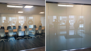 Glass conference room doors shown clear then tinted private using switchable smart film
