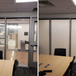 Office glass partition and door before and after white frosted privacy film application