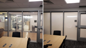 Office glass partition and door before and after white frosted privacy film application