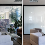 Office lounge glass wall clear on the left and frosted privacy film on the right