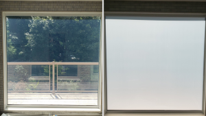 Residential window clear on the left and frosted privacy film blocking the view on the right