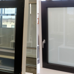 Window comparison showing clear glass on the left and frosted privacy film on the right