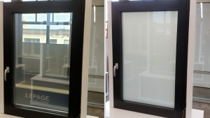Window comparison showing clear glass on the left and frosted privacy film on the right