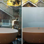 Outdoor bathtub window clear on the left and frosted privacy film on the right