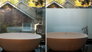 Outdoor bathtub window clear on the left and frosted privacy film on the right
