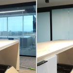 Office glass partition shown clear then frosted pale blue with switchable smart privacy film