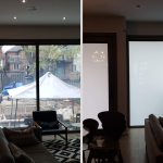 Living room patio doors shown clear then frosted white using switchable smart privacy film