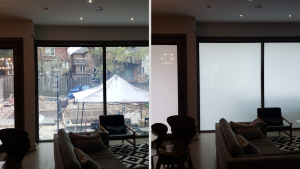 Living room patio doors shown clear then frosted white using switchable smart privacy film