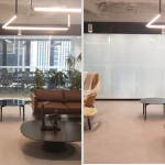 Office lounge glass wall shown clear then frosted white using switchable smart privacy film