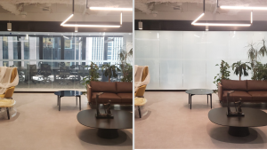 Office lounge glass wall shown clear then frosted white using switchable smart privacy film