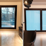 Home window shown clear then switched to opaque pale blue with smart privacy film