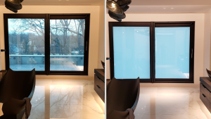 Home window shown clear then switched to opaque pale blue with smart privacy film