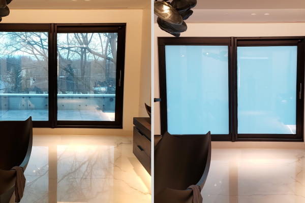 Home window shown clear then switched to opaque pale blue with smart privacy film