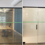 Branded glass conference doors shown clear then frosted with switchable smart film