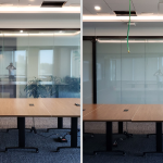 Boardroom glass wall shown transparent then frosted using switchable smart privacy film