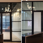 Office glass entry partition shown clear then frosted white using smart privacy film