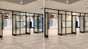 Black-framed glass office partition shown clear then frosted with switchable smart privacy film