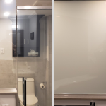 Bathroom shower glass shown transparent then turned opaque white with smart privacy film